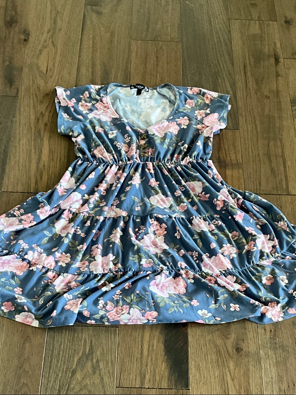 Derek Heart Maternity Blue Floral Tiered Dress with Pink Flowers